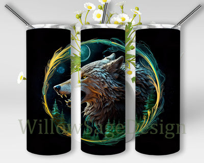 Wolf Howling 20oz Skinny Tumbler Png, Wolf Howling At The Moon Pine Trees Around Forest Centered Tumbler, Wolf Tumbler Png, Wolf Lover Gift Sublimation WillowSageDesign 