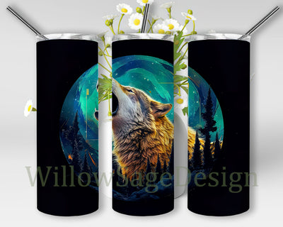 Wolf Howling 20oz Skinny Tumbler Png, Wolf Howling At The Moon Pine Trees Around Forest Centered Tumbler, Wolf Tumbler Png, Wolf Lover Gift Sublimation WillowSageDesign 