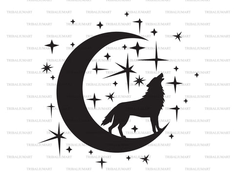 Wolf howling, moon and stars SVG TribaliumArtSF 
