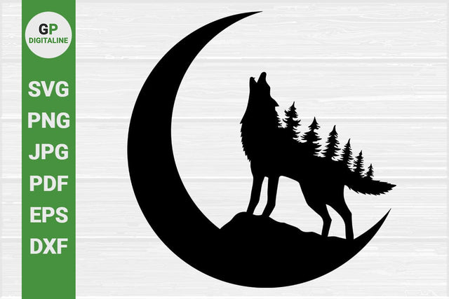 Wolf Howls SVG, Crescent Moon SVG, Pine Trees SVG, Forest SVG, Woods SVG, Howling SVG, Wildlife SVG, Woodland Animal SVG, Outdoor SVG, Nature SVG SVG GPDigitaline 