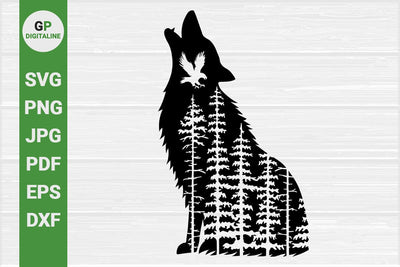 Wolf Howls SVG, Eagle Flies SVG, Bird of Prey SVG, Forest SVG, Woods SVG, Pine Trees SVG, Howling SVG, Wildlife SVG, Wilderness SVG, Woodland Animal SVG, Outdoor SVG, Nature SVG SVG GPDigitaline 