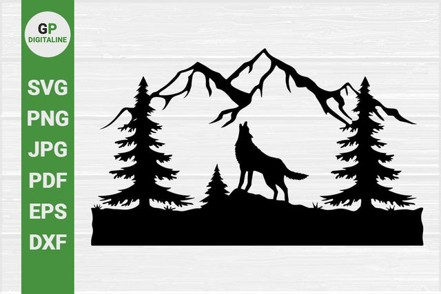 Wolf Howls SVG, Mountain SVG, Pine Trees SVG, Woods SVG, Forest SVG, Howling SVG, Nature SVG, Outdoor SVG, Wilderness SVG, Woodland Animal SVG, Wildlife SVG SVG GPDigitaline 