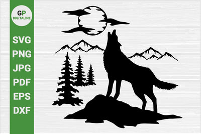 Wolf Howls SVG, Wilderness SVG, Mountain SVG, Forest SVG, Woods SVG, Pine Trees SVG, Howling SVG, Moon SVG, Clouds SVG, Woodland Animal SVG, Wildlife SVG, Nature SVG, Outdoor SVG SVG GPDigitaline 