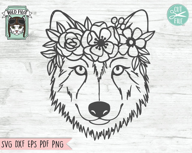 Wolf SVG File, Wolf With Flower Crown SVG Cut File, Wolf Cut File, Animal Face SVG, Floral Crown SVG, Wolf With Flowers On Head SVG, Cute Wolf Face SVG, Wild SVG SVG Wild Pilot 