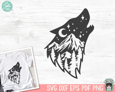 Wolf SVG, Wolf Silhouette SVG, Wolf Mountain Scene SVG, Forest Trees, Camping svg, Hiking, Adventure, Mountain Range, Night Sky, outdoors SVG Wild Pilot 