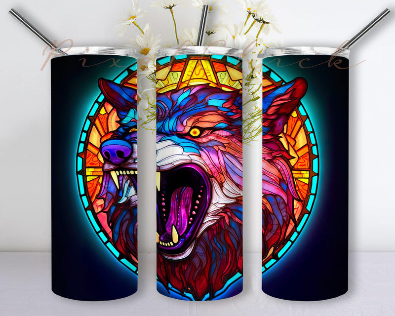 Wolf With Fang Neon Stained Glass Window 20oz Skinny Tumbler Png, Wolf Stained Glass Window Tumbler, Wolf Stained Glass Sublimation Png, Commercial Use Sublimation PixelChick 
