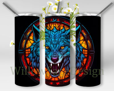 Wolf With Fang Neon Stained Glass Window 20oz Skinny Tumbler Png, Wolf Stained Glass Window Tumbler, Wolf Stained Glass Sublimation Png, Commercial Use Sublimation WillowSageDesign 