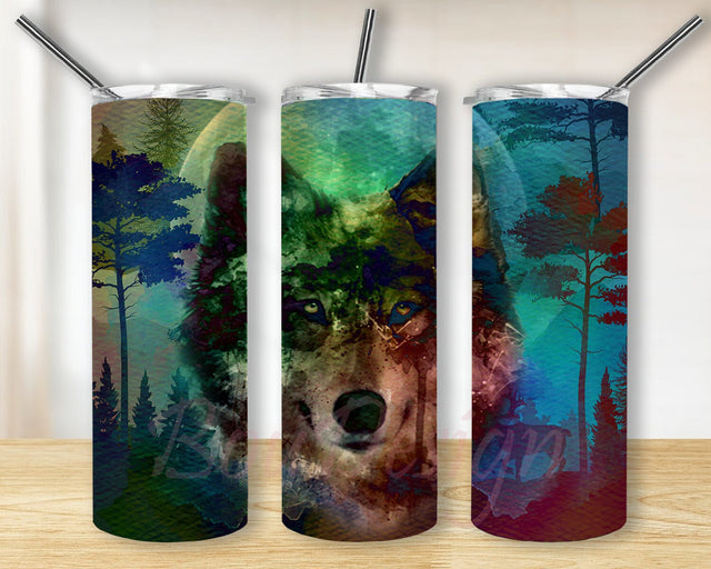 Wolves Forest Tumbler Design, Wolf Moon 20ooz Skinny Tumbler, Watercolor Wolves Tumbler Png, Animal Tumbler With Lid And Straw, Instant Download Sublimation BouDesign 