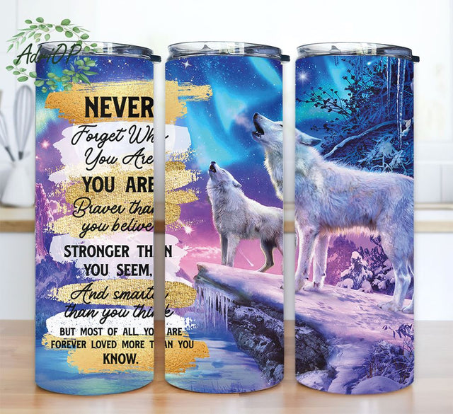 Wolves Tumbler Wrap, Never Forget Who You Are 20 oz Skinny Tumbler, 20 oz Wolf Glitter Sublimation Design, Digital Download - Quotes Design Sublimation AdriOP 