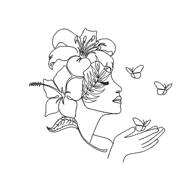 Woman and flowers in one line embroidery, Girl and butterfly machine embroidery design , 5 sizes. Embroidery/Applique DESIGNS ArtEMByNatalia 