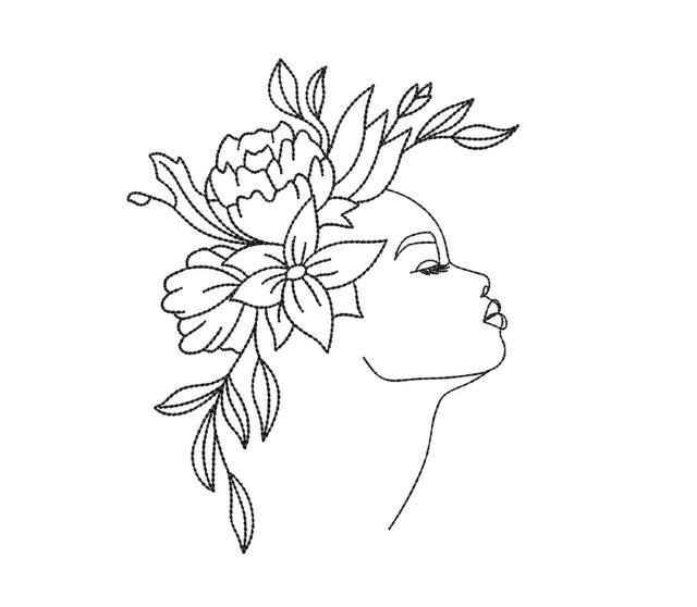 Woman With Flowers Embroidery Design, Line Art Embroidery Design, 5 sizes Embroidery/Applique DESIGNS Nino Nadaraia 