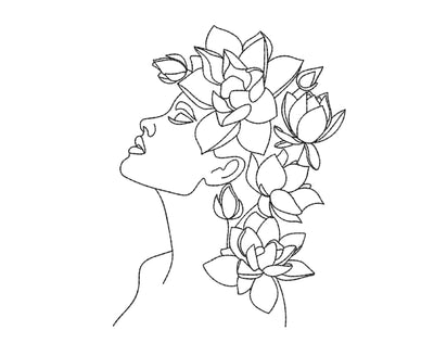 Woman with Flowers Embroidery Design, One Line Art Embroidery File, 5 sizes Embroidery/Applique DESIGNS Nino Nadaraia 