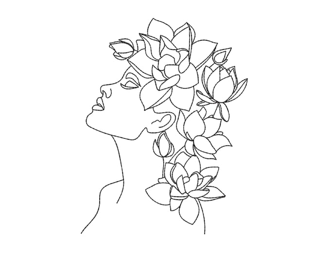 Woman with Flowers Embroidery Design, One Line Art Embroidery File, 5 sizes Embroidery/Applique DESIGNS Nino Nadaraia 
