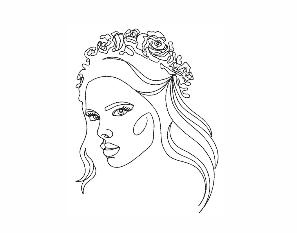 Woman with flowers machine embroidery design, One line art embroidery ...