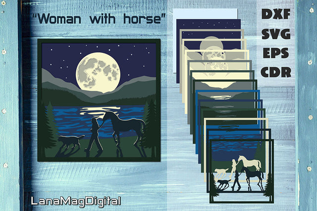 Woman with horse layered design, Layered full moon over mountain lake svg 3D Paper LanaMagDigital 