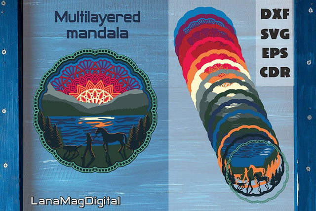 Woman with horse, Layered mandala, Sunset on mountain lake 3D Paper LanaMagDigital 