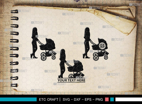 Woman With Stroller Monogram, Woman With Stroller Silhouette, Woman with Stroller SVG, Stroller Svg, Stroller Carriage Svg, SB00419 SVG ETC Craft 