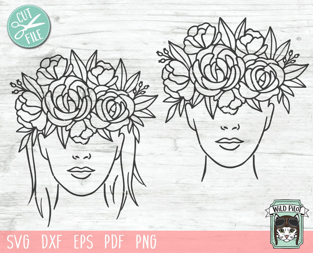 Womans face SVG file, Woman head svg, Female svg file, Woman cut file, Face Flower Crown, Womans Face with Flowers Line Illustration svg SVG Wild Pilot 