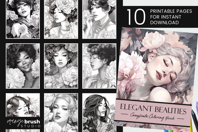 Women Printable Adult Coloring Book Greyscale Cloring Pages Sublimation OrangeBrushStudio 