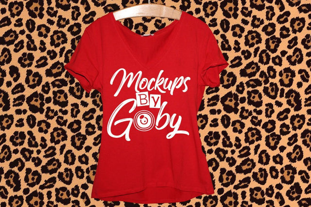 Women Red Tshirt Mockups, Leopard print background, Hanger Mock Up Mock Up Photo ArtStudio 