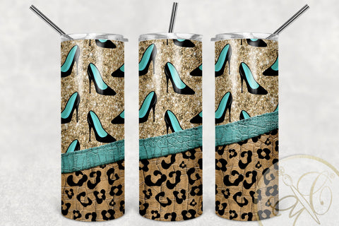 Women Shoes 20oz Skinny Tumbler Sublimation/ Leopard and Leather / Turquoise Sublimation Marlene Campos 