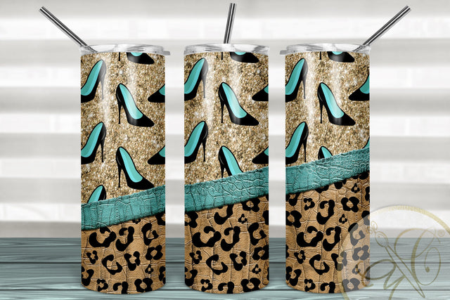 Women Shoes 20oz Skinny Tumbler Sublimation/ Leopard and Leather / Turquoise Sublimation Marlene Campos 