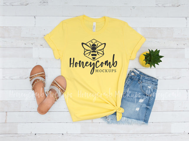 Women's Summer T-Shirt Mockup, Yellow Bella Canvas 3001 Mockup Mock Up Photo Honeycomb Mockups 