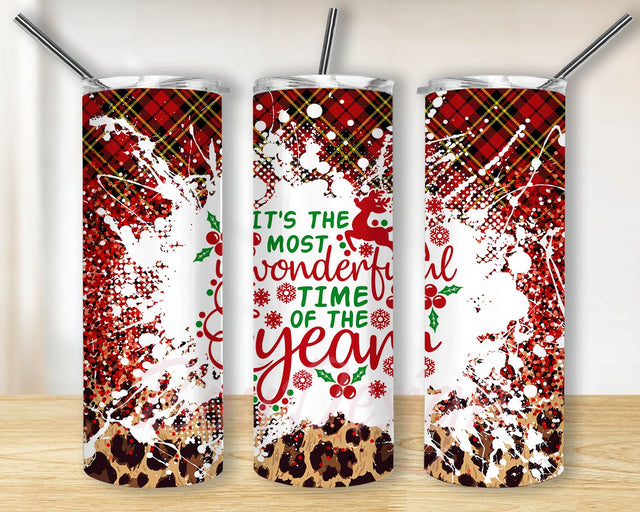 Wonderful Time Of Year 20 oz Skinny Tumbler, Snowflakes, Red Buffalo Plaid, Christmas, Cheetah, Sublimation PNG, Instant Download Sublimation BouDesign 