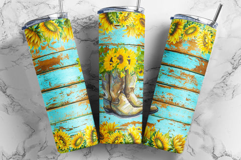Wood Cowboy Boots Sunflower Tumbler Designs for 20oz Skinny Tumbler Sublimation PNG Wrap Tumblers - Instant Download Sublimation TumblersByPhill 