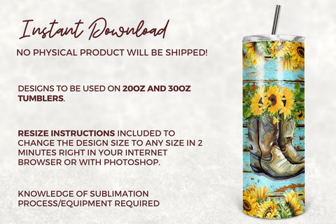 Wood Cowboy Boots Sunflower Tumbler Designs for 20oz Skinny Tumbler Sublimation PNG Wrap Tumblers - Instant Download Sublimation TumblersByPhill 