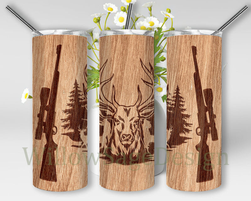 Wood Hunting Deer Tumbler Wrap, Deer And Gun 20oz Skinny Tumbler ...