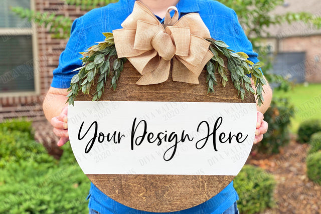 Wood Wreath Mockup | Digital Design Display | Instant Download | Wooden Wreath With Greenery and Bow Mock-up Mock Up Photo Diva Watts Designs 