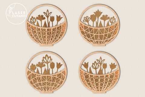 Wooden Basket with Flowers Bundle Multilayer Laser Cut Files, Mandala, 3D Designs, Mini Design Bundles, Gift for Mother's Day SVG LaserCutano 