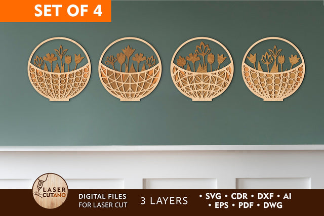 Wooden Basket with Flowers Bundle Multilayer Laser Cut Files, Mandala, 3D Designs, Mini Design Bundles, Gift for Mother's Day SVG LaserCutano 