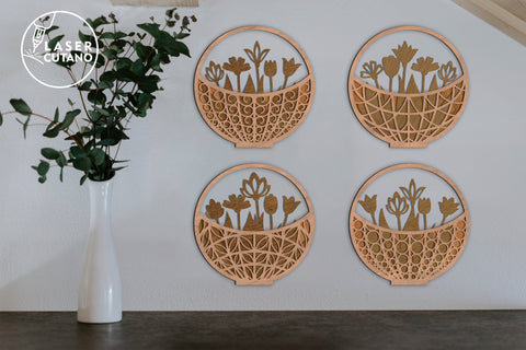 Wooden Basket with Flowers Bundle Multilayer Laser Cut Files, Mandala, 3D Designs, Mini Design Bundles, Gift for Mother's Day SVG LaserCutano 