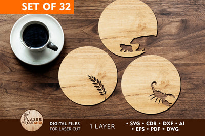 WOODEN COASTERS BUNDLE Laser Cut Templates SVG LaserCutano 