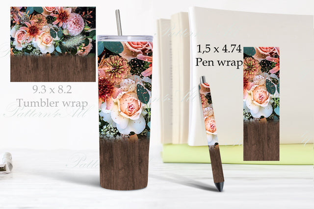 Wooden Floral Straight Tumbler Design,Tumbler PNG, 20oz Skinny Tumbler Sublimation Template,Flowers Tumbler and Pen Sublimaton Wrap, PNG Sketch DESIGN ArtStudio 