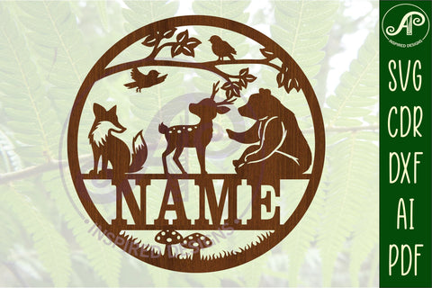Woodland animal Name sign svg laser cut template, wall art SVG APInspireddesigns 