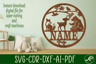 Woodland animal Name sign svg laser cut template, wall art SVG APInspireddesigns 