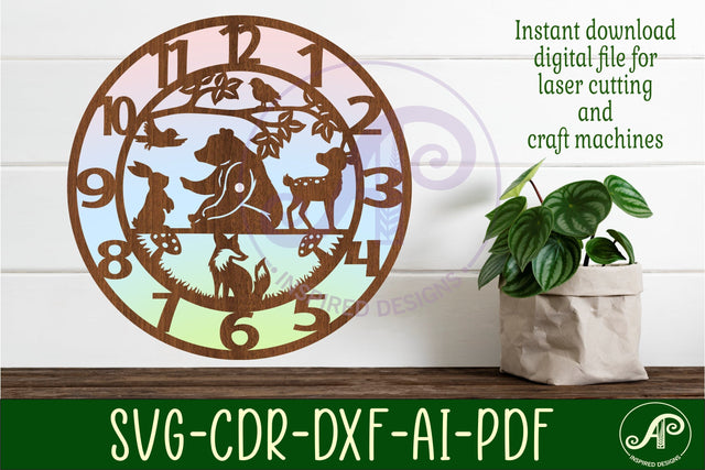 Woodland animal wall clock laser cut files, SVG file. vector SVG APInspireddesigns 
