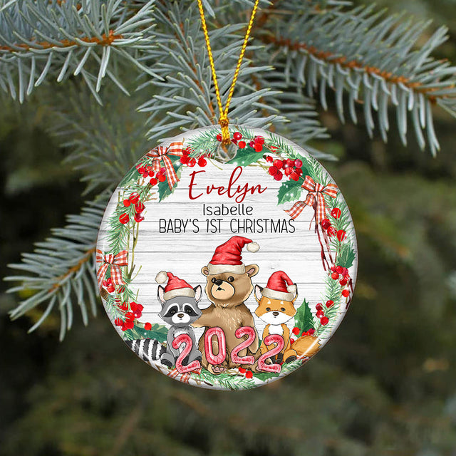 Woodland Baby's First Christmas Ornament, Personalized Baby Christmas Ornament, Bear Fox Raccoon Ornament, Forest Animal Ornament W5 Sublimation CaldwellArt 