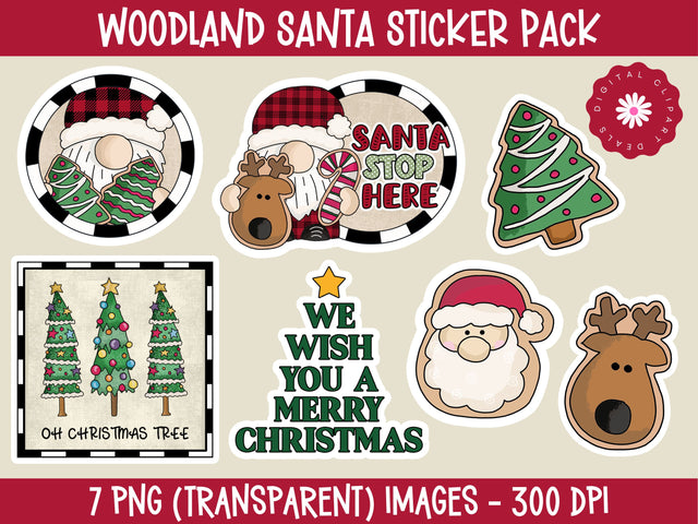 Woodland Santa Sticker Set - Set of 7 Santa-themed Christmas Printable Stickers Sublimation Digital Clipart Deals 
