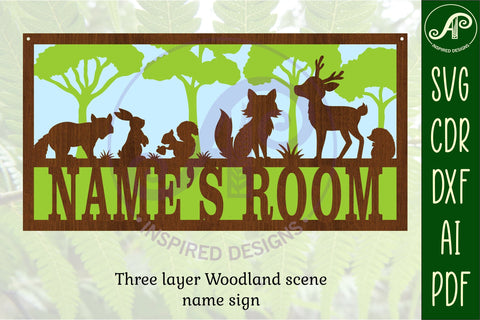 Woodland scene name sign SVG 3 layer laser cut template SVG APInspireddesigns 