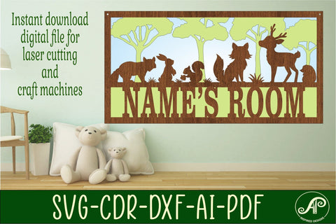 Woodland scene name sign SVG 3 layer laser cut template SVG APInspireddesigns 