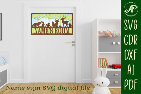 Woodland scene name sign SVG 3 layer laser cut template SVG APInspireddesigns 