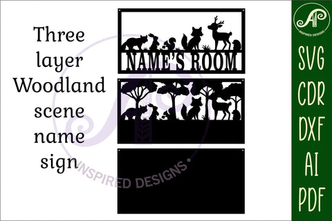 Woodland scene name sign SVG 3 layer laser cut template SVG APInspireddesigns 