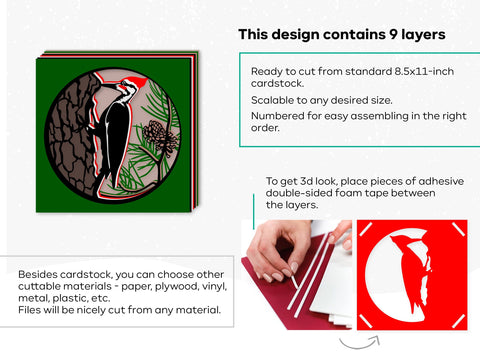 Woodpecker shadow box svg - Birdwatching svg, Pileated Woodpecker 3d svg, Files for Cricut, for Silhouette, layered svg SVG CutLeafSvg 
