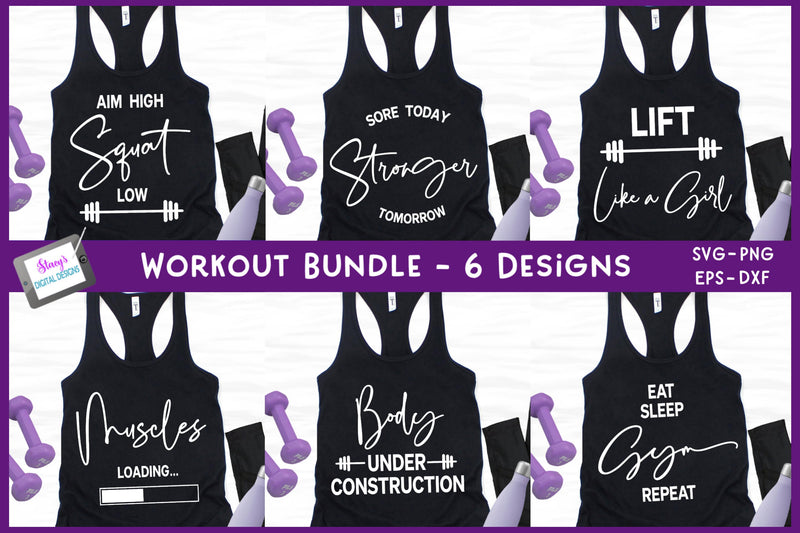 Workout and Gym Bundle | Includes 6 workout SVG designs SVG Stacy's Digital Designs 