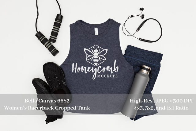 Workout Mockup, Bella Canvas 6682 Heather Navy Tank Mockup, Women's Cropped Racerback Tank Mockup, Fitness Mockup, Sports Mockup Mock Up Photo Honeycomb Mockups 