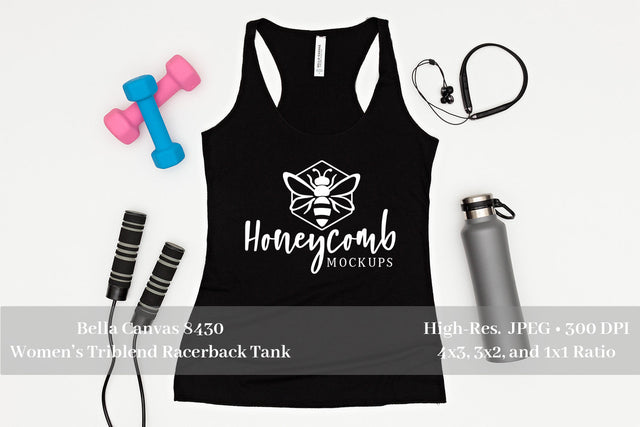 Workout Mockup, Bella Canvas 8430 Solid Black Tri-Blend, Women's Tank Top Mockup, Fitness Mockup, Sports Mockup Mock Up Photo Honeycomb Mockups 